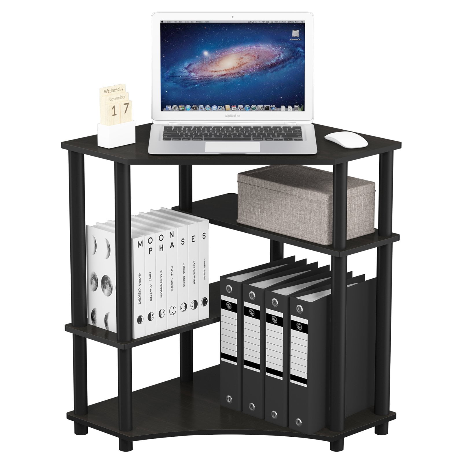 Espresso and Black Wood Corner Computer Desk with Shelves