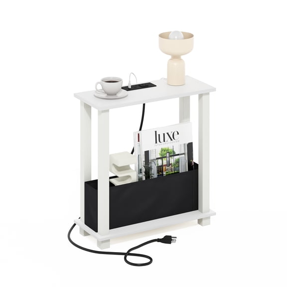 Furinno Turn-S-Tube 2-Tier Slim Narrow Side Table with Charging Station and Storage Bins, End Table, Night Stand, Bedside Table with USB and Type-C Charging Port, Plain White