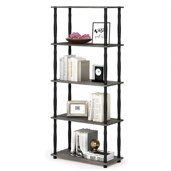 Furinno Turn-S-Tube Toolless Assembly 5-Tier Grey Book Shelf, Corner Shelf, Open Shelves, Classic Tubes, for Organization and Storage, Living Room, Garage, Home Office, Grey Oak