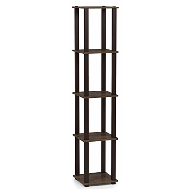 Furinno Turn-N-Tube 5-Tier Hoek Vierkante Rek Display Plank met Ronde Buis, Frans Eiken/Zwart
