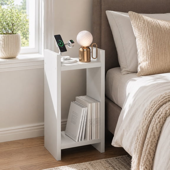 Furinno VIOLA Tall Night Stand, 2-Tier Bedside Table with Open Shelf, Side Table, End Table, with 1.2-Inch Extra Thick Frame for Living Room, Bedroom, White