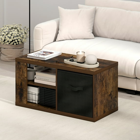 Furinno Viola Coffee Table, Side Table with Open Shelves and Storage Bin, Amber Pine/Black
