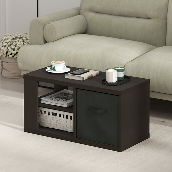 Furinno Viola Coffee Table, Side Table with Open Shelves and Storage Bin, Dark Oak/Black