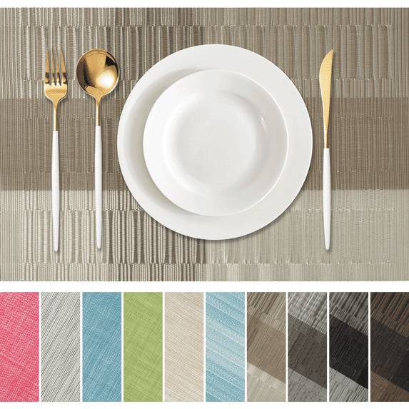 Furkithn Placemats Set of 4, PVC Waterproof Washable Table Mats 12 x 18 Inch, Heat Resistant Woven Placemats for Dining Room Kitchen Table, Light Gold