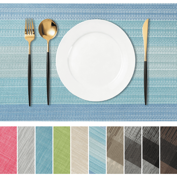 Furkithn Placemats Set of 4, PVC Waterproof Washable Table Mats 12 x 18 Inch, Heat Resistant Woven Placemats for Dining Room Kitchen Table, Blue