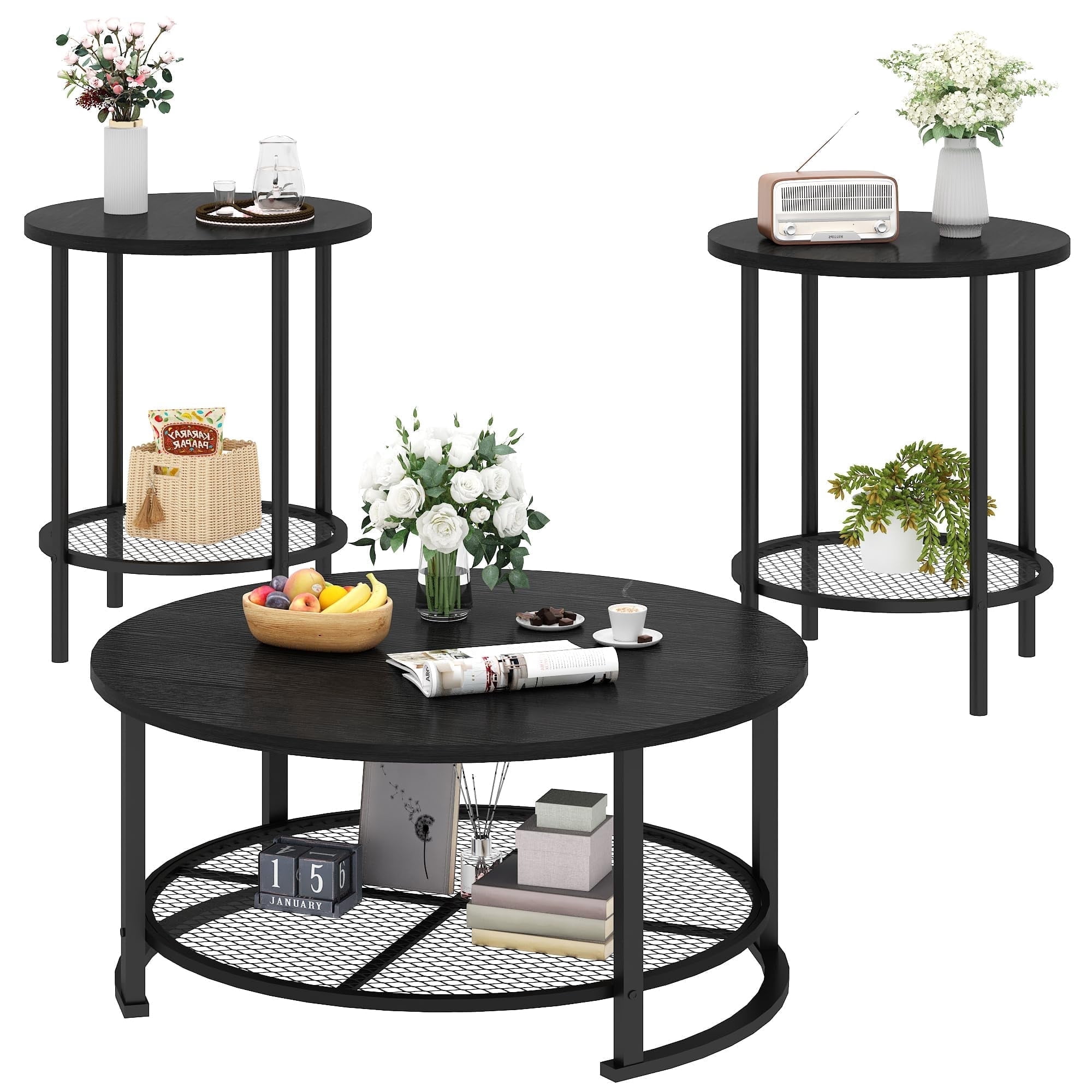 Furlinkhm 3-Piece Coffee Table Sets for Living Room, Round Coffee and ...