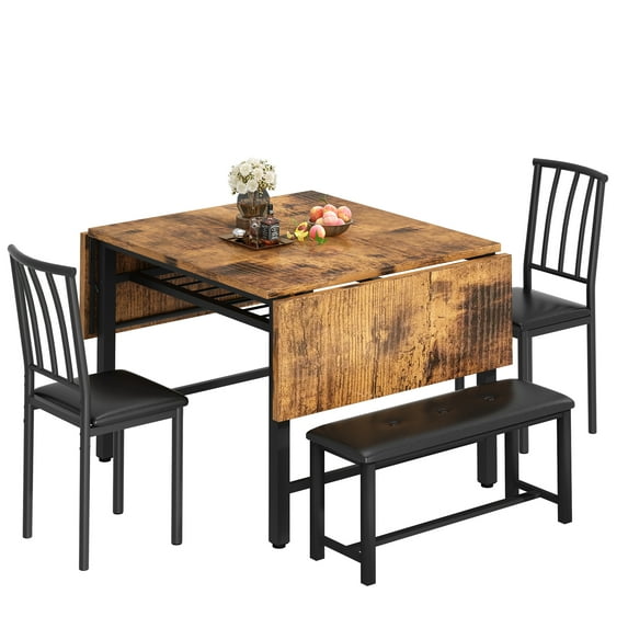 Furlinkhm 4-Piece Dining Table Set for 3-6 People, 63" Extendable Kitchen Table Set with 1 Bench and 2 Backrest Chairs, Faux Wood Table Square Dining Table Set with Drop Leaf for Small Space