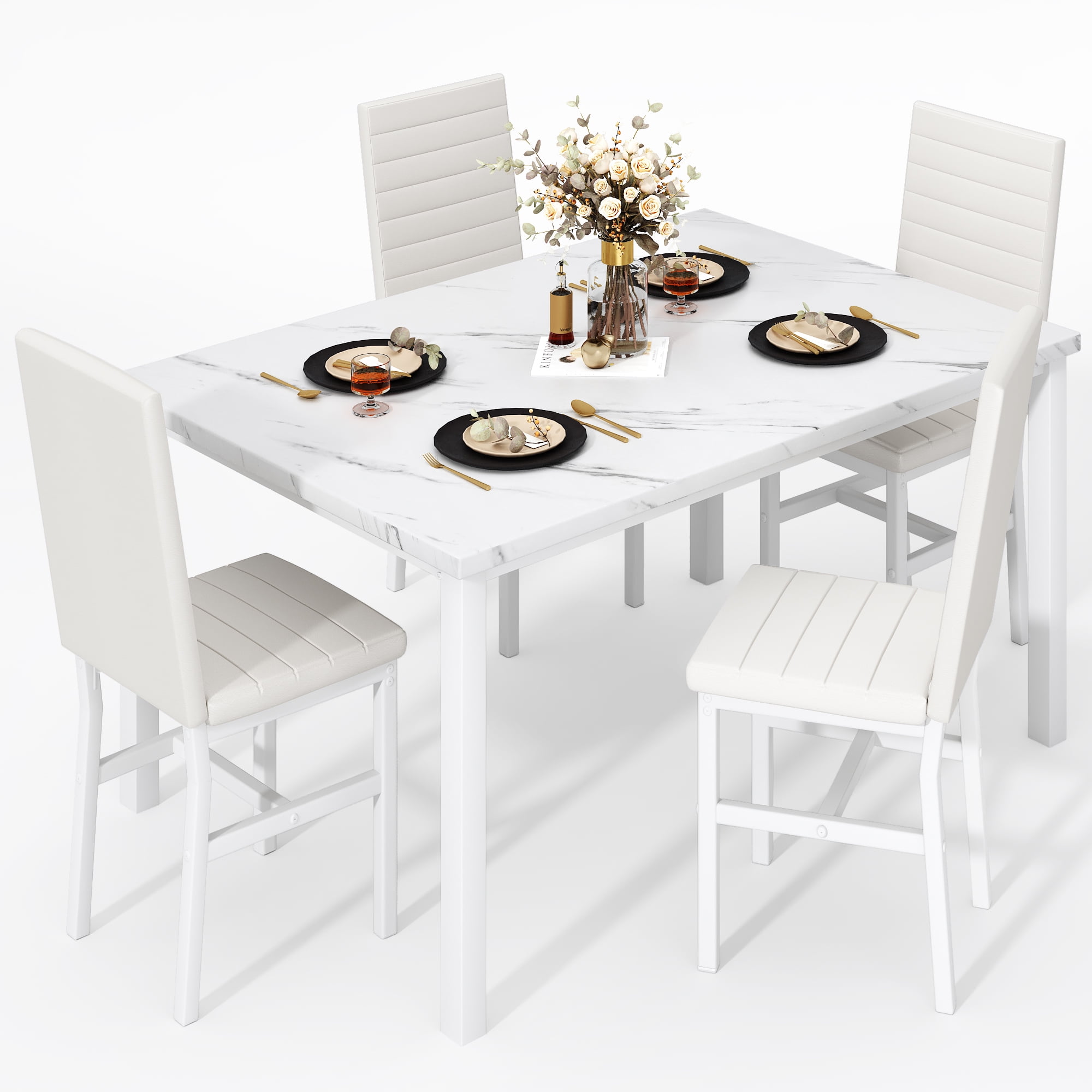 Furlinkhm Dining Table Set for 4, Marble Kitchen Table and Chairs for 4, Comfortable PU Leather ...