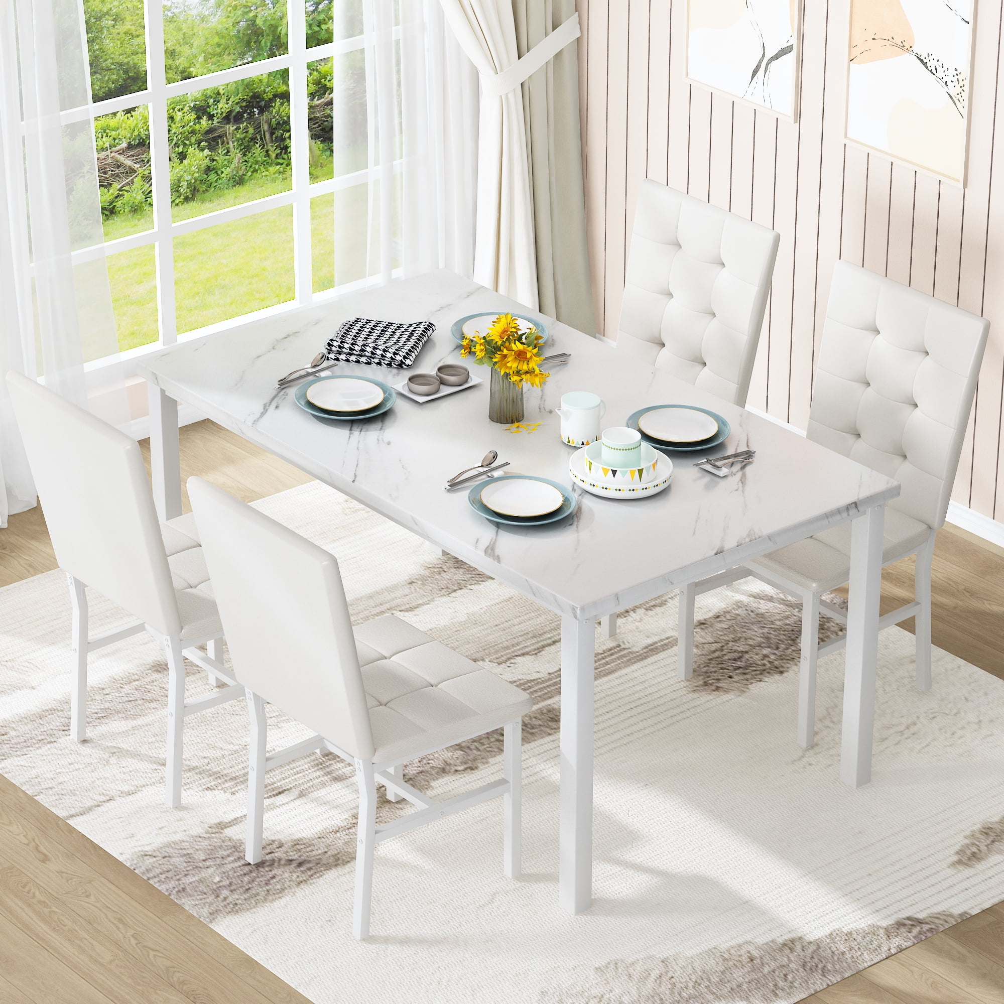 Furlinkhm Dining Table Set for 4 with Modern Rectangular Faux Marble ...