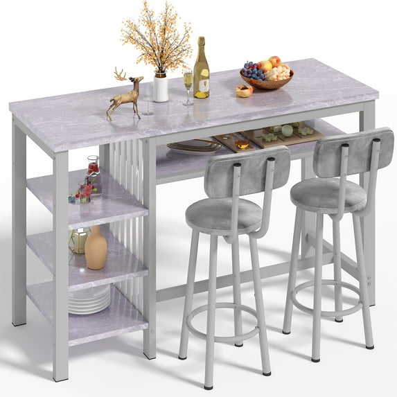 Furlinkhm Furniture Kitchen Bar Height Table and Chairs for 2, 5-Tier Compact Dining Room Table, Gray Top and 2 PU Leather Upholstered Seat Black Frame, Modern Dining Set for Home & Office