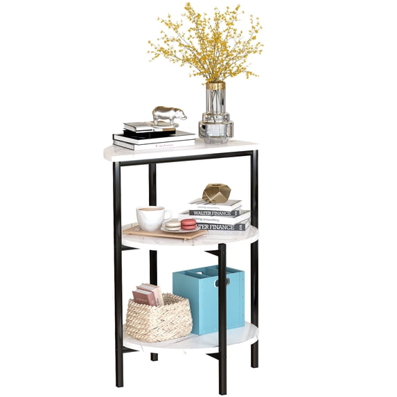 Furlinkhm Marble Side End Table, 3-Tier Sofa Side Table,Small Round Coffee Table Bedside Table, Corner Table w/Metal Frame for Living Room Bedroom, White+Black