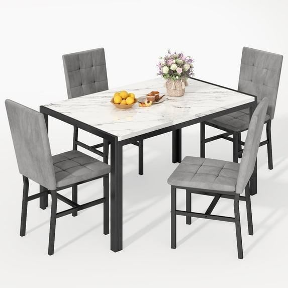 Furlinkhm Products 5-Piece Marble Dining Set, Modern Kitchen Table and Chairs for Dining Room, Dinette, Compact Space Saving Furniture, 4 Upholstered Grey Velvet Chairs (Gray)