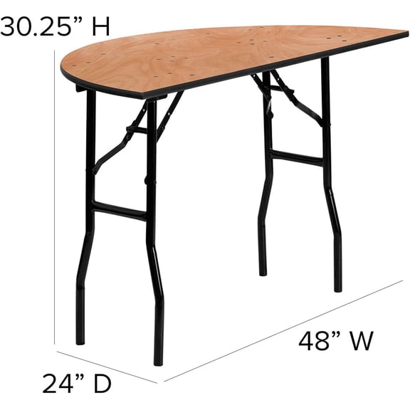Furman 4' Half-Round Wood Folding Event Table with Heavy-Duty Steel Legs for Banquets and Parties