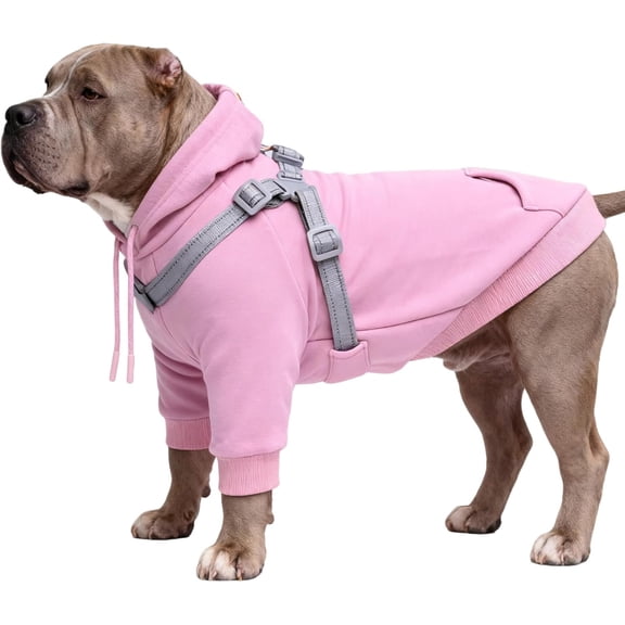 Furmate Dog Coat with Attached Chest Harness, Brimless Soft Pet Sweatshirt for Autumn & Winter, Leash-Ready Design for Small to Large Dogs