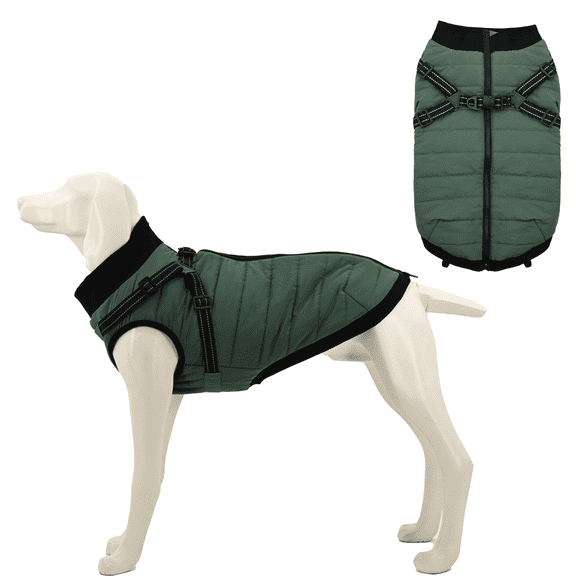 Furmate Dog Winter Coat with Harness, Waterproof Warm Jacket with Zipper & Fleece Lining for Small Medium Large Dogs (Green,L)