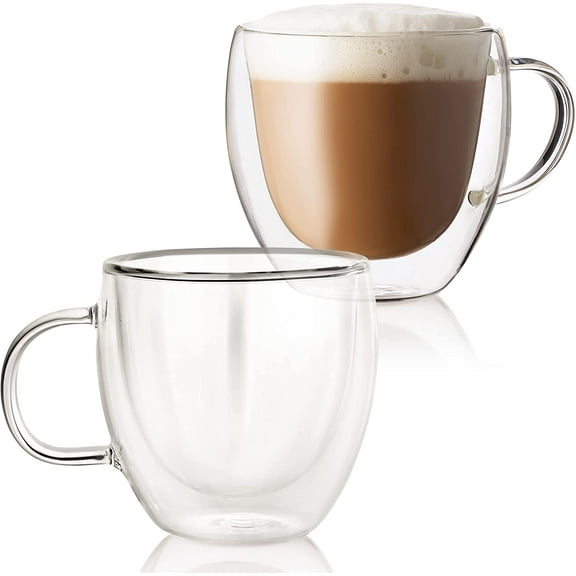 Furmaware Insulated Glass 3oz Coffee Mugs, Double Walled Cups With Handle, Perfect For Coffee, Espresso, Latte, Lungo, Or Tea, Hot/Cold Tough Glassware, Contemporary Demitasse, Set of 2
