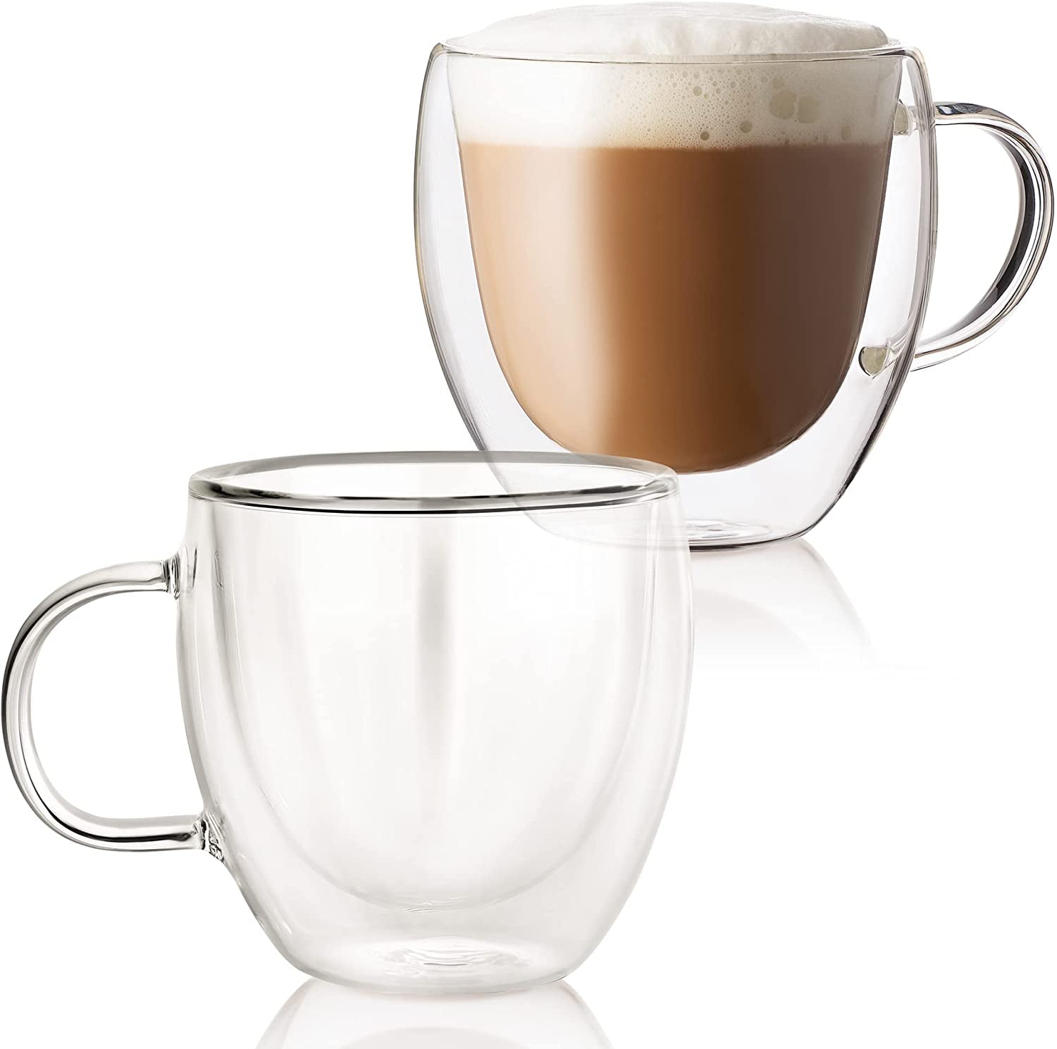 Furmaware Insulated Glass 3oz Coffee Mugs, Double Walled Cups With Handle, Perfect For Coffee, Espresso, Latte, Lungo, Or Tea, Hot/Cold Tough Glassware, Contemporary Demitasse, Set of 2