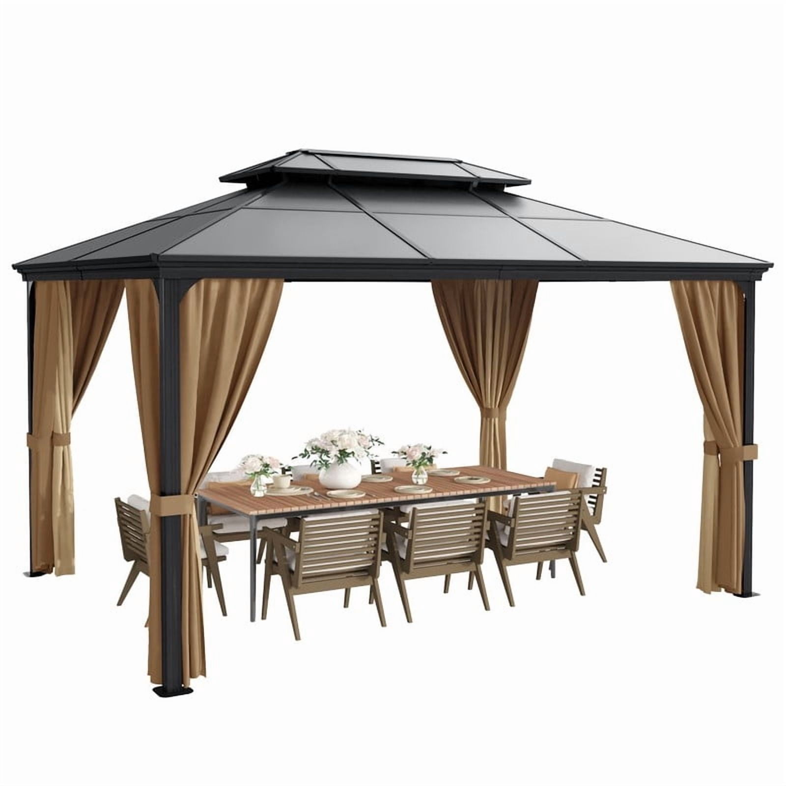 Furmax 10' x 13' Hardtop Gazebo, Black Polycarbonate Roof Aluminum Frame Netting & Curtains