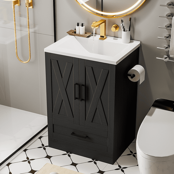 Furmax 24'' Farmhouse Bathroom Vanity with Sink, Freestanding Bathroom Vanity Cabinet with Undermount Resin Sink, 2 Doors & 1 Drawer, Black