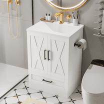 Furmax 24'' Farmhouse Bathroom Vanity with Sink, Freestanding Bathroom Vanity Cabinet with Undermount Resin Sink, 2 Doors & 1 Drawer, White