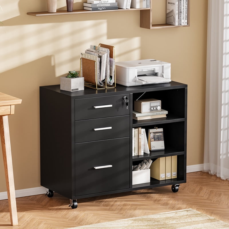 Furmax 3 Drawers File Cabinet with Lock & Wheels Vertical File Cabinet with Open Shelves for Home Office Study Room, Black