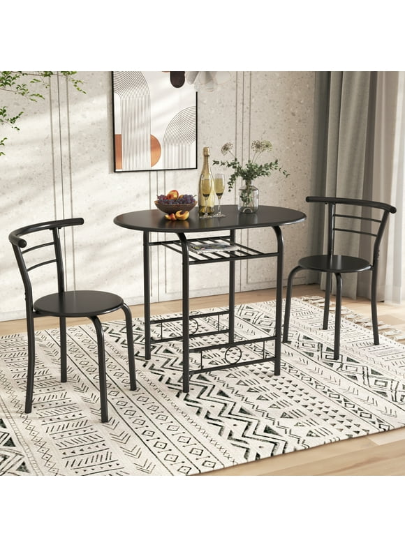 Furmax 3 Piece Wood and Metal Dining set, Small dining table for 2 ,for Living Room, Dining Room, Kitchen, Black