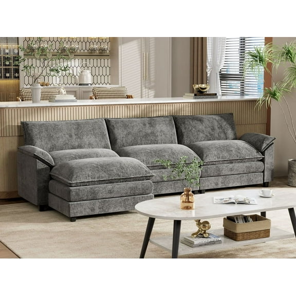 Furmax 3 Seats L-Shaped Sectional Sofa with Movable Ottoman for Living Room, Fabric Convertible Modular Couch, Gray