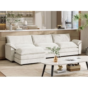 Furmax 3 Seats L-Shaped Cloud Couch Sectional Sofa with Movable Ottoman for Living Room, Fabric Convertible Modular Couch, White