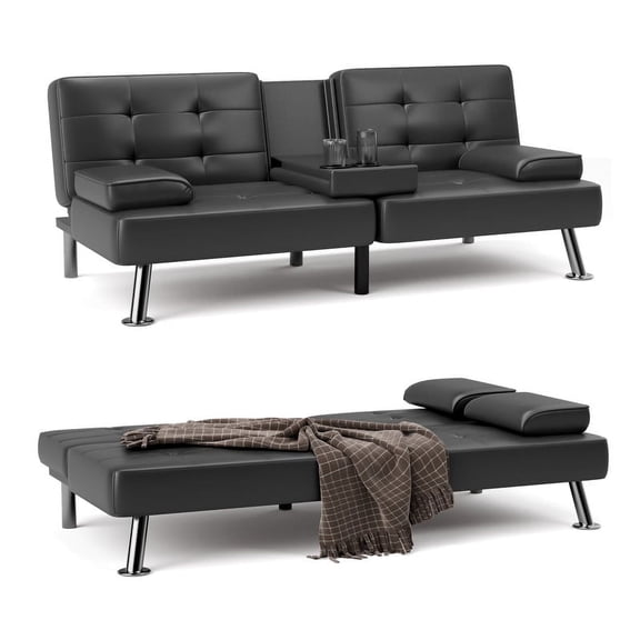 Furmax 3-in-1 Futon Sofa Bed Convertible Couch – Faux Leather Recliner with Cup Holders for Living Room, Apartment & Small Space, Black