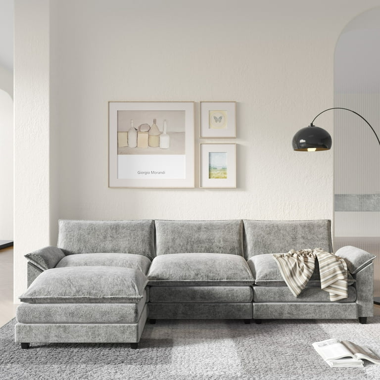 Furmax 3 Seat Apartment Size Sectional Sofa with Ottoman Comfy Home Corner Spaces Gray