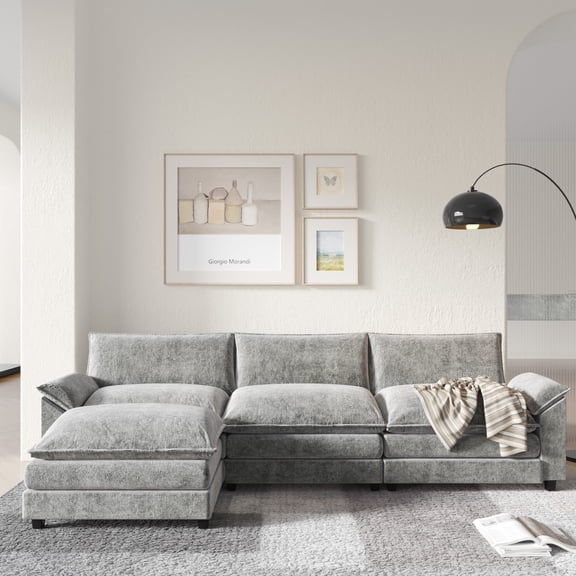 Furmax 3-seat Cloud Couch Sectional Sofa Sectional Couch with Reversible Toffee Chair Convertible Sofa with Ottoman, Gray
