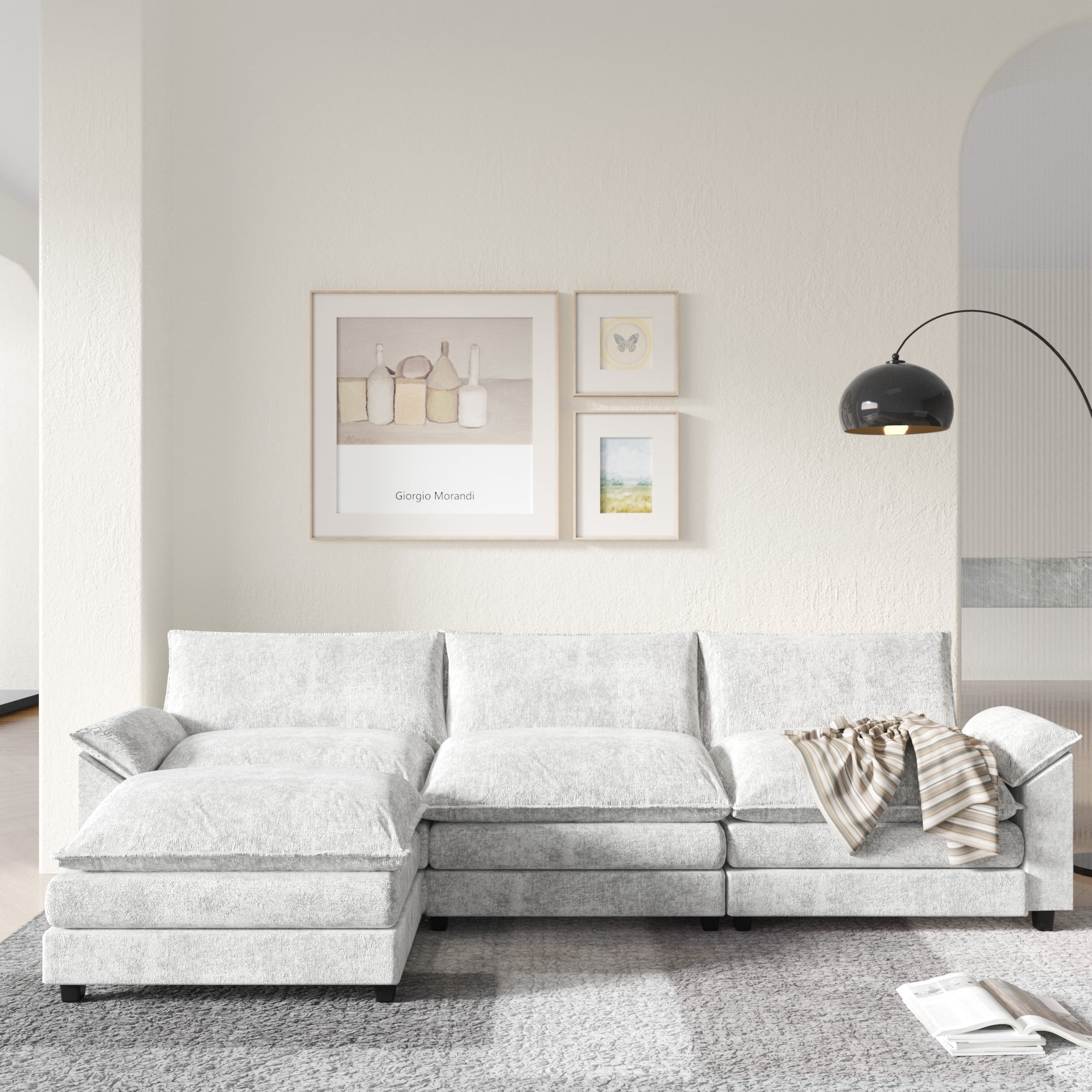 Furmax 3-seat Cloud Couch Sectional Sofa Sectional Couch with Reversible Toffee Chair Convertible Sofa with Ottoman, White