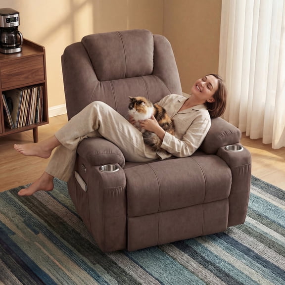 Furmax 360° Massage Swivel Rocker Recliner Single Manual Reclining Chair Sofa Modern Small Recliner Chair for Living Room,Nursery,GS Brown
