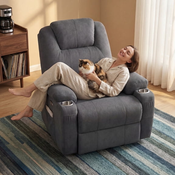 Furmax 360° Massage Swivel Rocker Recliner Single Manual Reclining Chair Sofa Modern Small Recliner Chair for Living Room,Nursery,Linen Gray