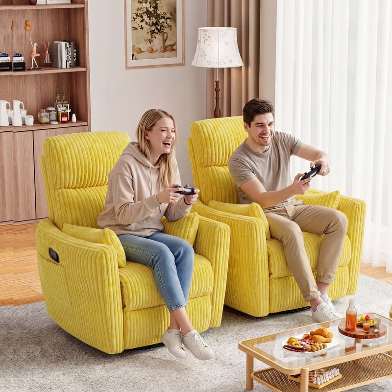 Furmax 360° Swivel Recliner Power Massage Rocker Chair Adult Glider Rocker with 2 Comfy Pillows for Nursery,Corduroy Yellow