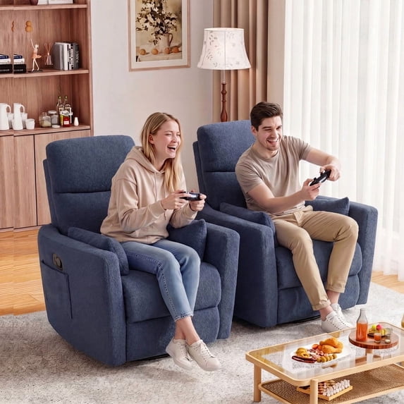 Furmax 360° Swivel Recliner Power Massage Rocker Chair Adult Glider Rocker with 2 Comfy Pillows for Nursery,Loop Yarn Blue