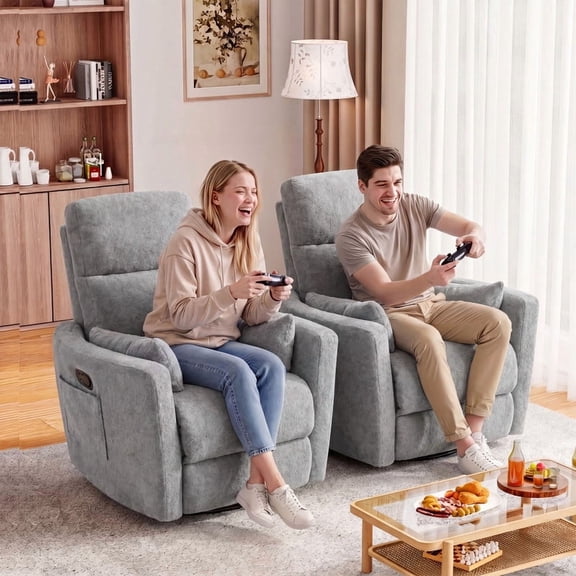 Furmax 360° Swivel Recliner Power Massage Rocker Chair Adult Glider Rocker with 2 Comfy Pillows for Nursery,Loop Yarn Gray