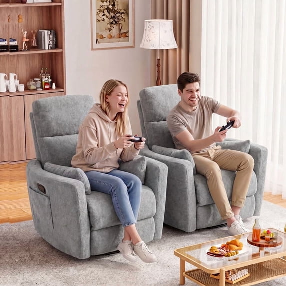 Furmax 360° Swivel Recliner Power Massage Rocker Chair Adult Glider Rocker with 2 Comfy Pillows for Nursery,Loop Yarn Gray