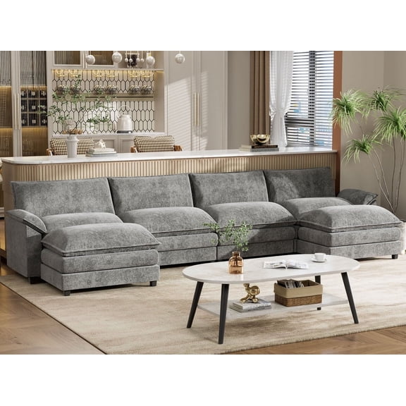 Furmax 4 Seats U-Shaped Cloud Couch Sectional Sofa with 2 Movable Ottomans for Living Room, Fabric Convertible Modular Couch, Gray