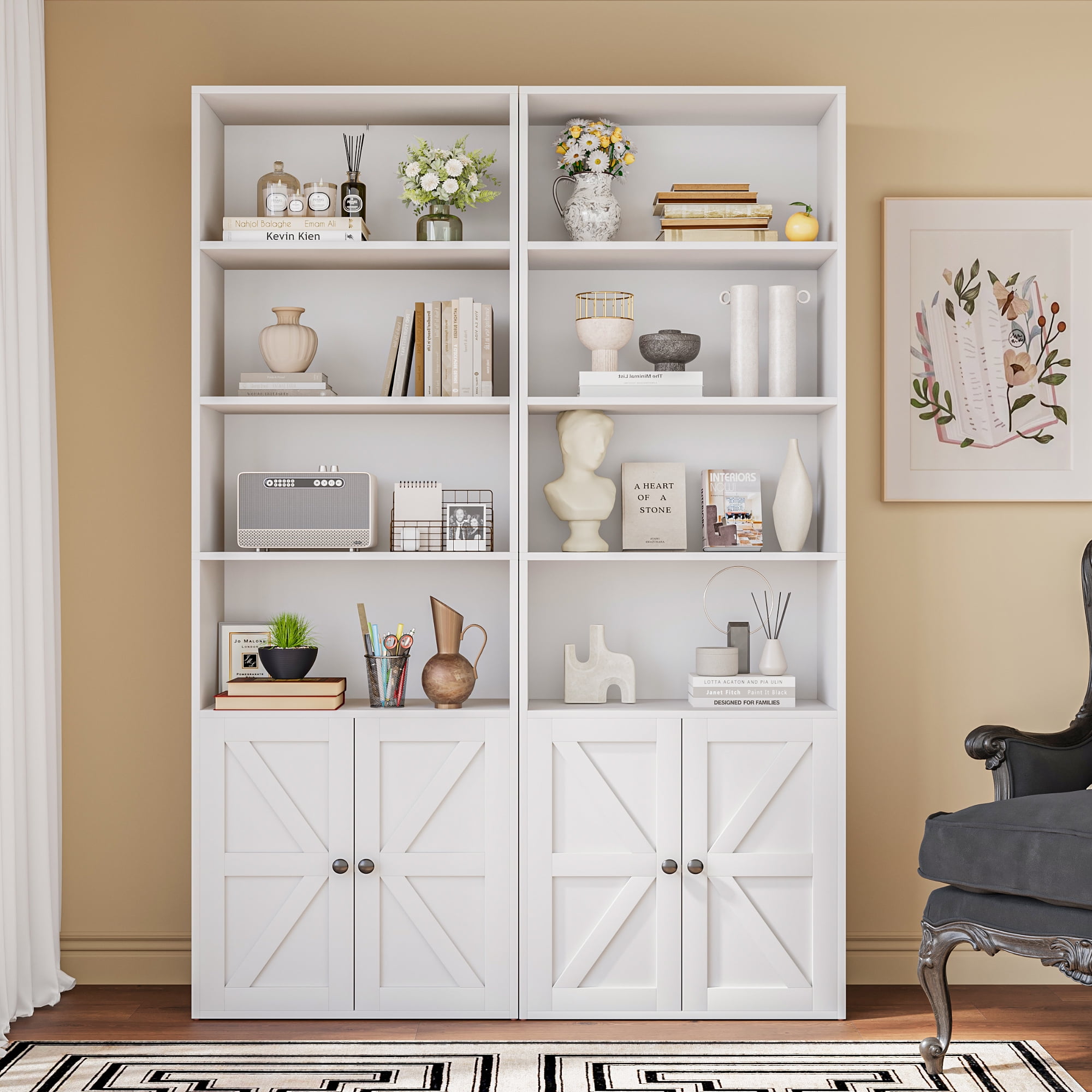 LINSY HOME 5-Tier Bookshelf With Doors - 63" Tall White Oak Bookcase For Living Room, Office - View #9