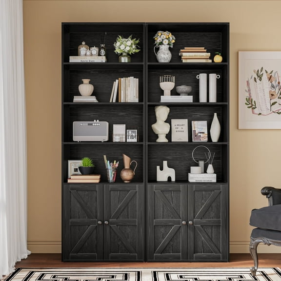 Furmax 1 Piece 4-Shelf Farmhouse Bookcases 4-Tier Bookshelf with Adjustable Shelves&Doors,Storage Cabinet for Home Living room,Kitchen,Office,Black