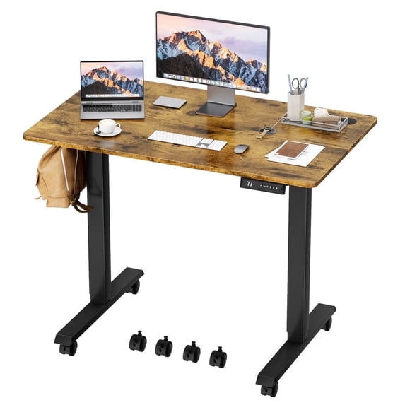 Furmax 40" Height Adjustable Standing Desk with Locking Wheels Ergonomic Stand up Desk with Memory Preset,Brown