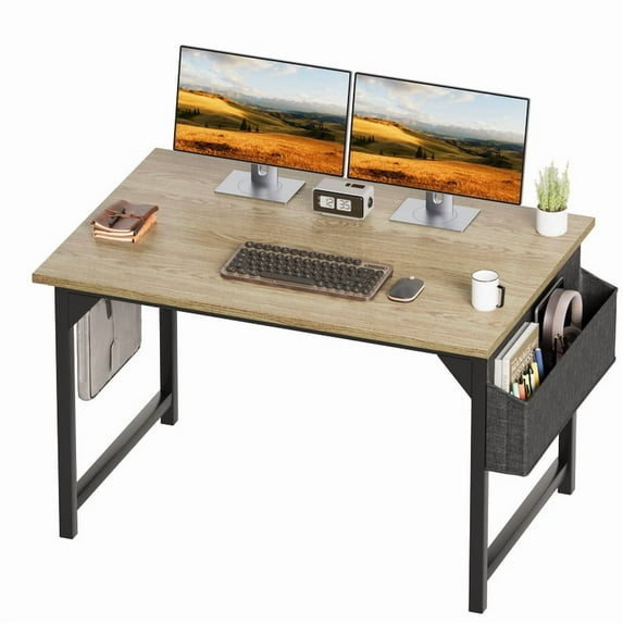 Furmax 40 Inch Office Desk Modern Computer Desk with Storage Bag Writing Table with Headphone Hook, Oak