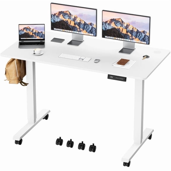 Furmax 47" Height Adjustable Standing Desk with Locking Wheels Ergonomic Stand up Desk with Memory Preset,White