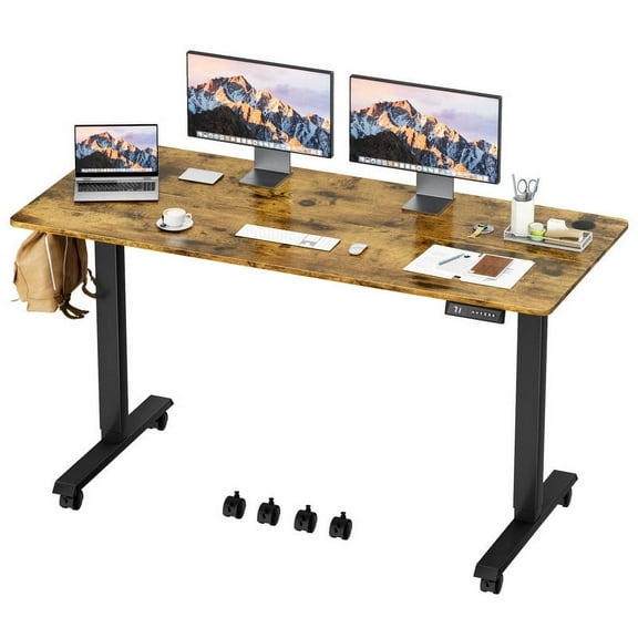 Furmax 55" Height Adjustable Standing Desk with Locking Wheels Ergonomic Stand up Desk with Memory Preset,Brown