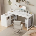 thumbnail image 1 of Furmax 55" L-Shaped Corner Computer Desk with File Cabinet, Power Outlet, Home Office Desk with 2 Drawers and 3 Storage Shelve, Workstation Executive Desk with Storage Shelf for Home Office, White, 1 of 8