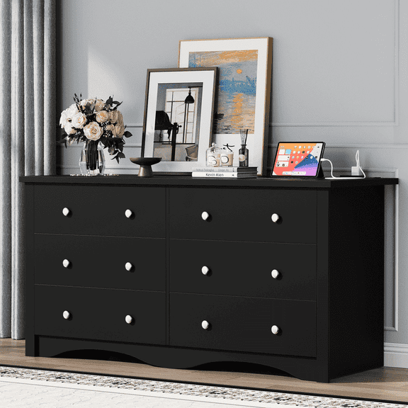 Furmax 6-Drawer Dresser,With sockets and USB ports & Soft-Close Drawers,Wide Wood Storage Cabinet for Bedroom,Black