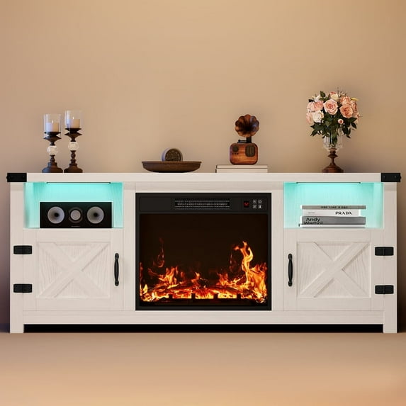 Furmax 65 inch Electric Fireplace TV Stand with Adjustable Color Lighting & Remote Control, Media Console with 2 Cabinets & Shelves for Living Room, Bedroom, Entertainment Center, White