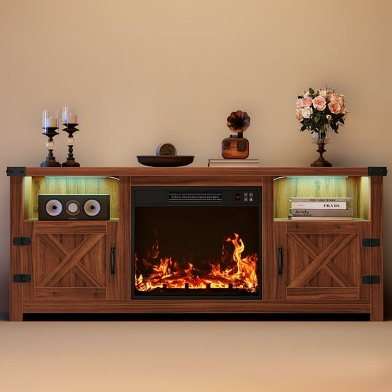 Furmax 65 inch Electric Fireplace TV Stand with Adjustable Color Lighting & Remote Control, Media Console with 2 Cabinets & Shelves for Living Room, Bedroom, Entertainment Center, Brown