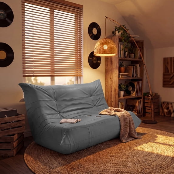 Furmax 66.5" Oversized Floor Sofa Couch, 2-Seater Leather Lazy Sofa Chair with Cup Holders for Gaming, Movie Nights, Living Room & Dorm, No Assembly Required, Gray